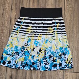 A. Byer Floral Striped Mini Skirt Blue Yellow Black Rayon Size M